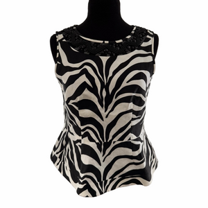 Vintage Nipon Boutique Zebra Beaded Peplum Top Size 8 Linen Blend Sleeveless